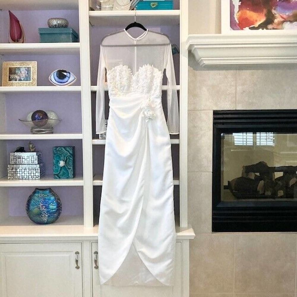 Demetrios Small Vintage Beaded Lace Rosette Column Long Sleeve Wedding Gown